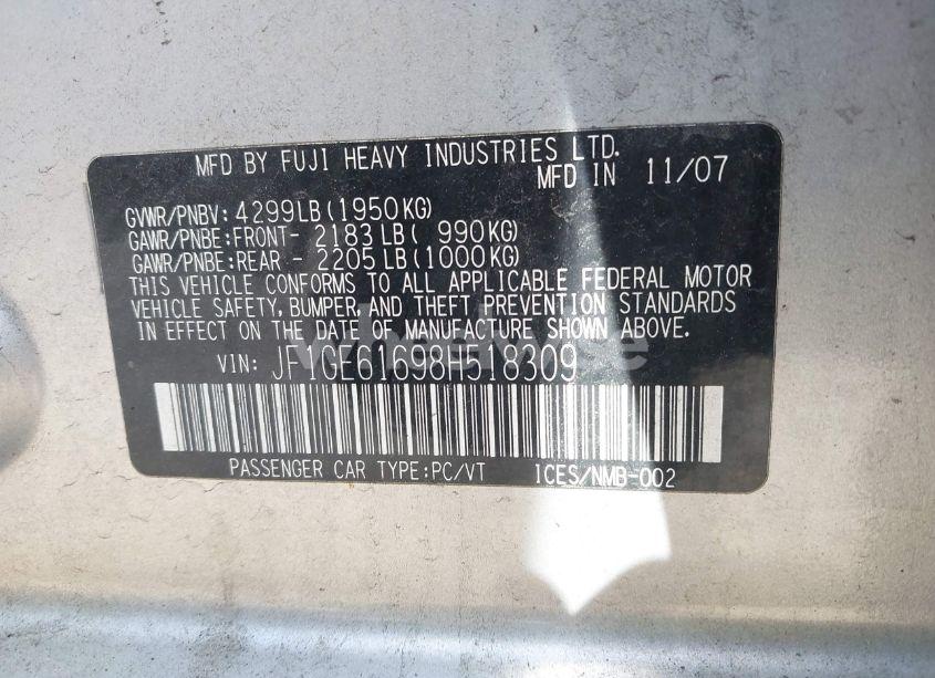 Photo 9 of 2008 Subaru Impreza 2.5I (VIN JF1GE61698H518309)