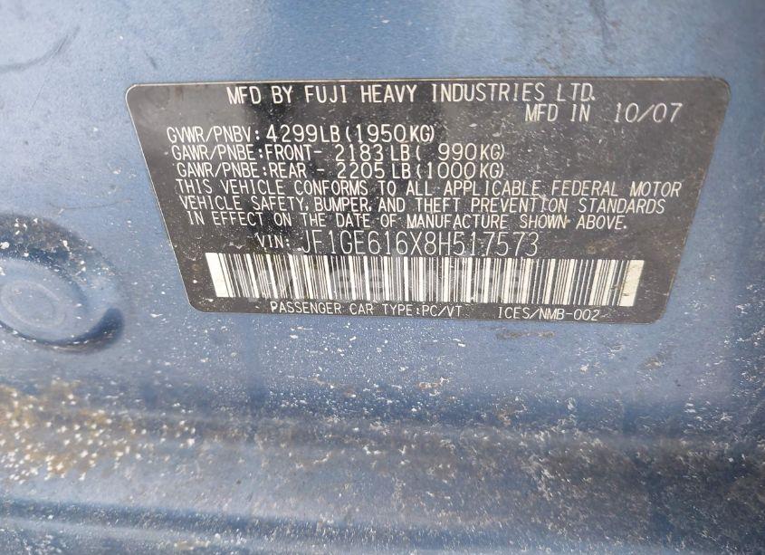 Photo 9 of 2008 Subaru Impreza 2.5I (VIN JF1GE616X8H517573)