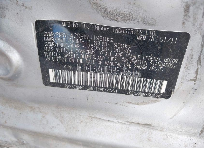 Photo 9 of 2011 Subaru Impreza 2.5I (VIN JF1GE6A60BH516519)