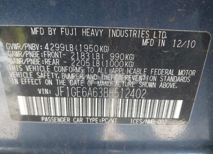 Photo 9 of 2011 Subaru Impreza 2.5I (VIN JF1GE6A63BH512402)