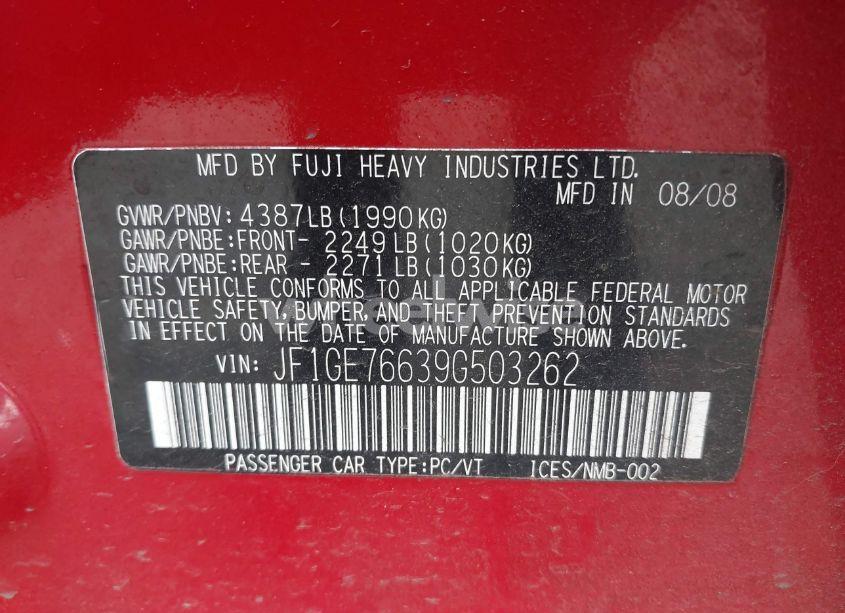 Photo 9 of 2009 Subaru Impreza WRX (VIN JF1GE76639G503262)