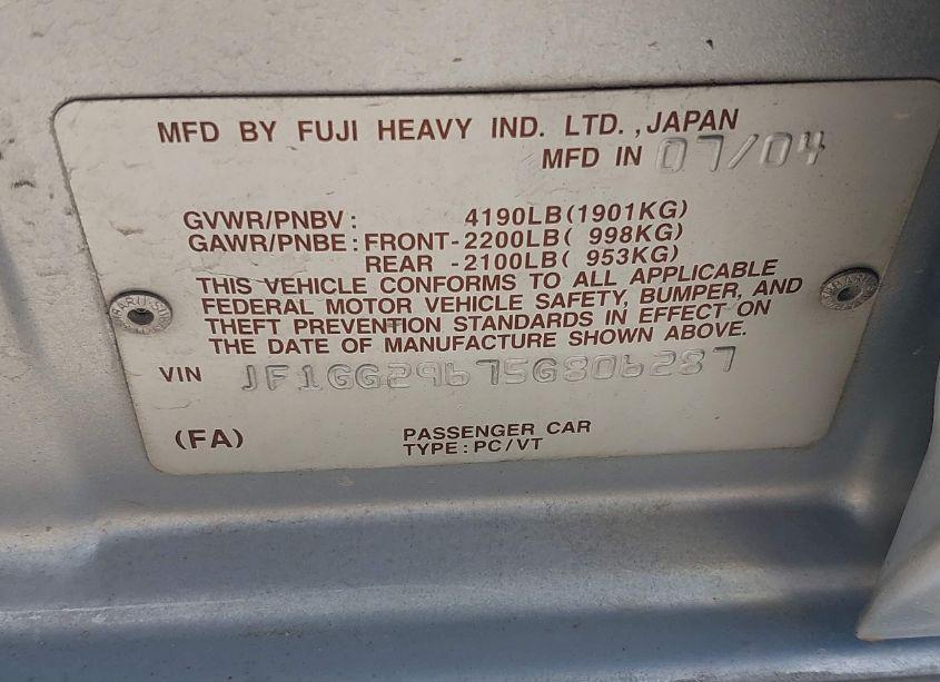 Photo 9 of 2005 Subaru Impreza WRX (VIN JF1GG29675G806287)