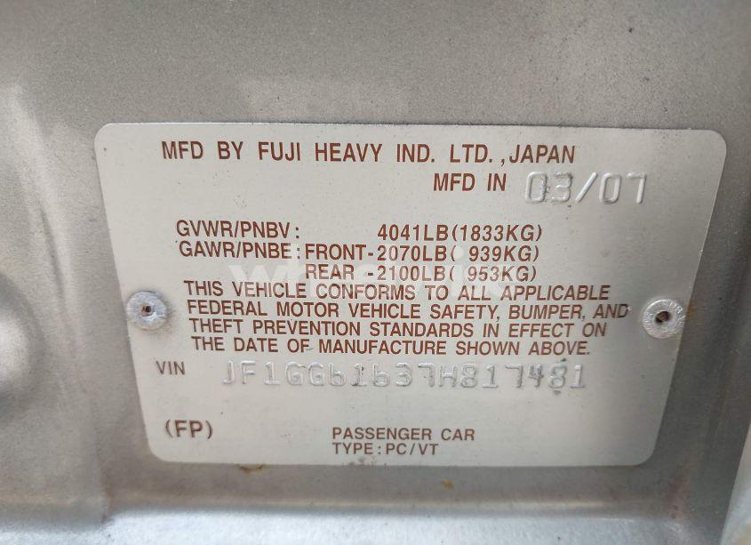 Photo 9 of 2007 Subaru Impreza 2.5I (VIN JF1GG61637H817481)