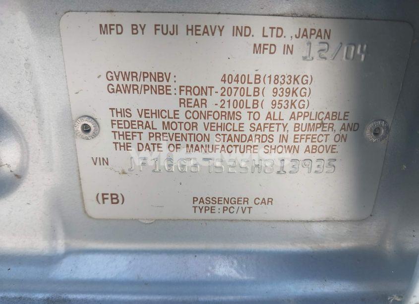 Photo 9 of 2005 Subaru Impreza 2.5RS (VIN JF1GG67525H813935)