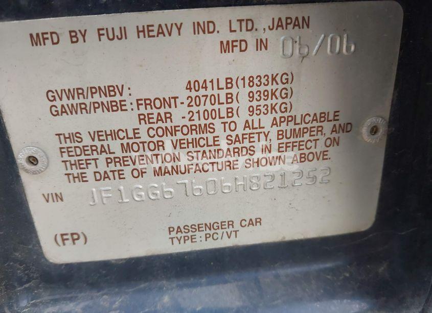 Photo 9 of 2006 Subaru Impreza 2.5I (VIN JF1GG67606H821252)