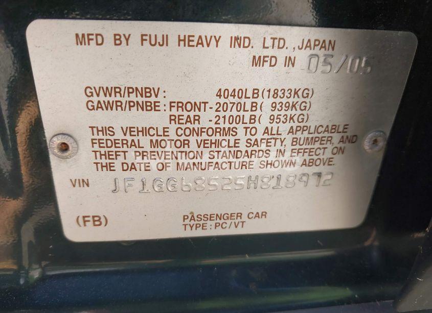 Photo 9 of 2005 Subaru Impreza OUTBACK SPORT BASE W/SPECIAL EDITION (VIN JF1GG68525H818972)