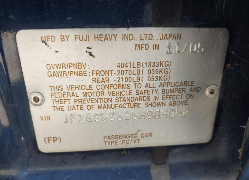 Photo 9 of 2006 Subaru Impreza OUTBACK SPORT (VIN JF1GG68636H809062)