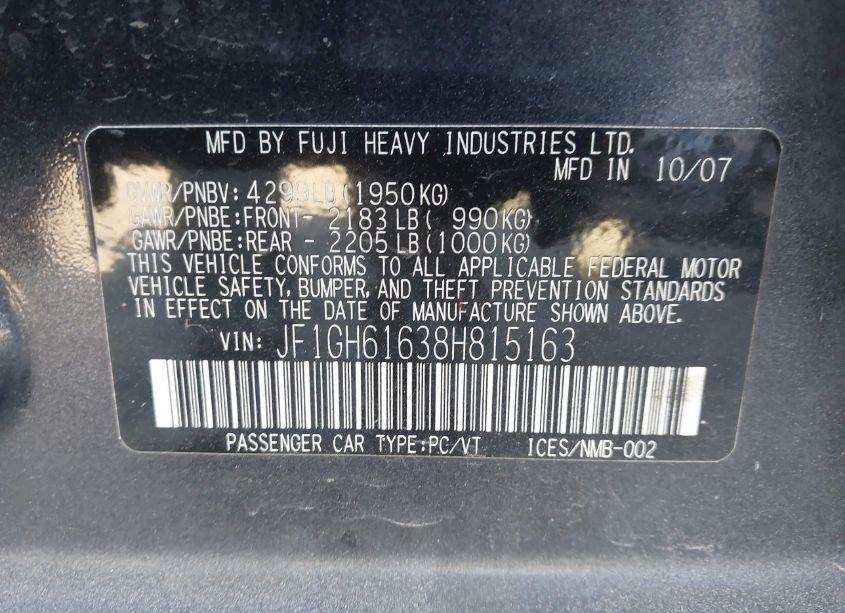 Photo 9 of 2008 Subaru Impreza 2.5I (VIN JF1GH61638H815163)