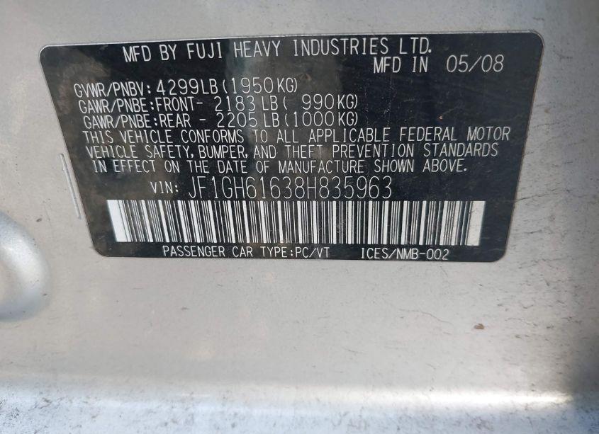 Photo 9 of 2008 Subaru Impreza 2.5I (VIN JF1GH61638H835963)