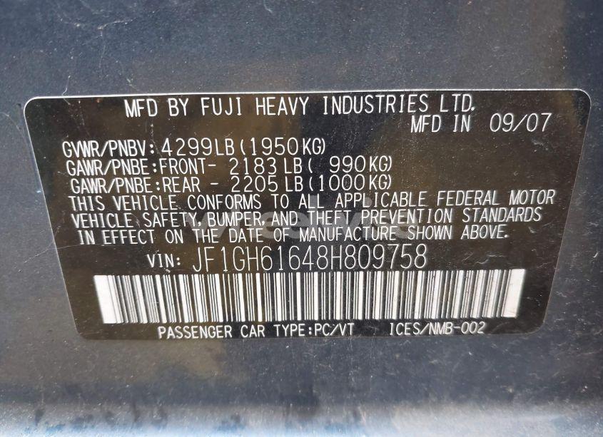 Photo 9 of 2008 Subaru Impreza 2.5I (VIN JF1GH61648H809758)