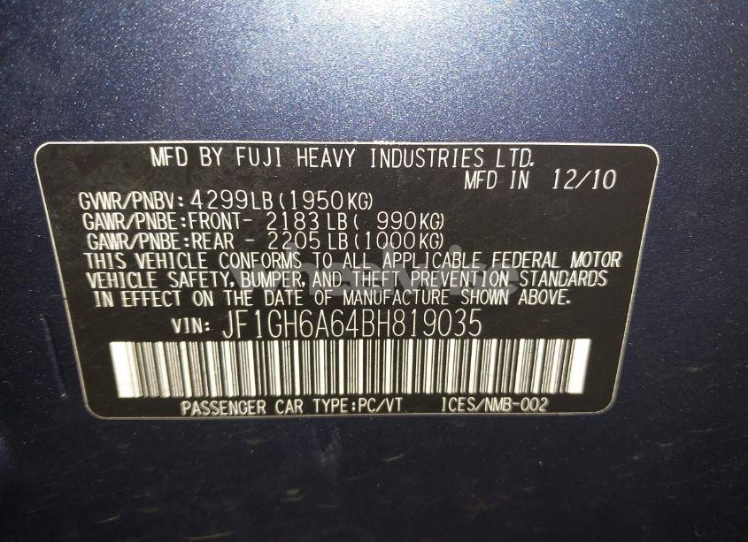 Photo 9 of 2011 Subaru Impreza 2.5I (VIN JF1GH6A64BH819035)