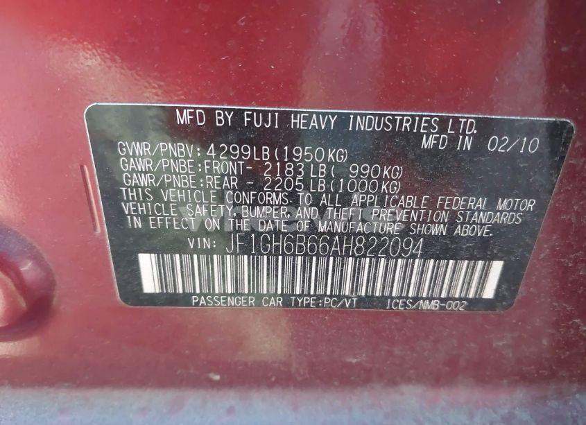 Photo 9 of 2010 Subaru Impreza 2.5I PREMIUM (VIN JF1GH6B66AH822094)