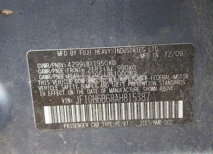 Photo 9 of 2010 Subaru Impreza 2.5I PREMIUM (VIN JF1GH6B68AH815387)