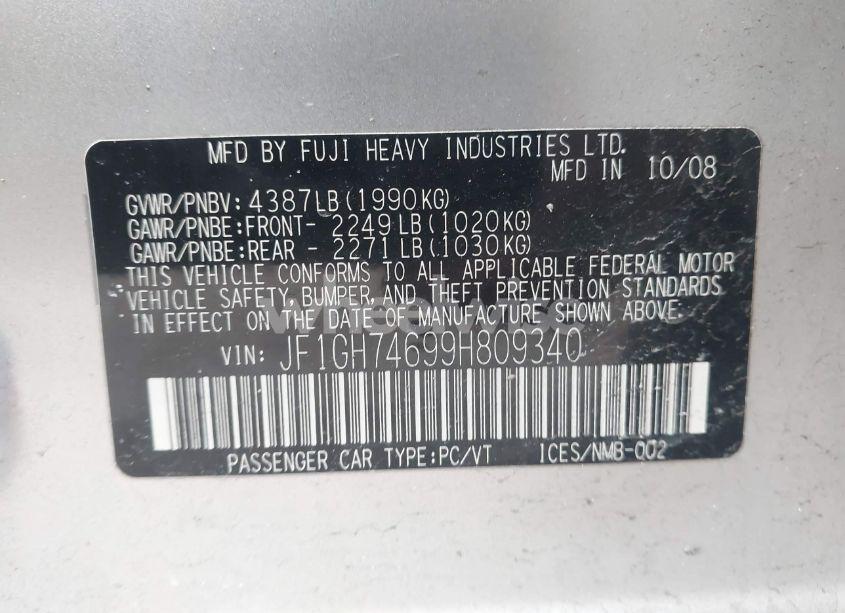 Photo 9 of 2009 Subaru Impreza 2.5GT (VIN JF1GH74699H809340)