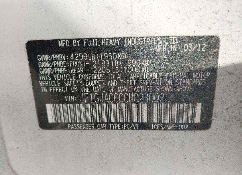 Photo 9 of 2012 Subaru Impreza 2.0I PREMIUM (VIN JF1GJAC60CH023002)