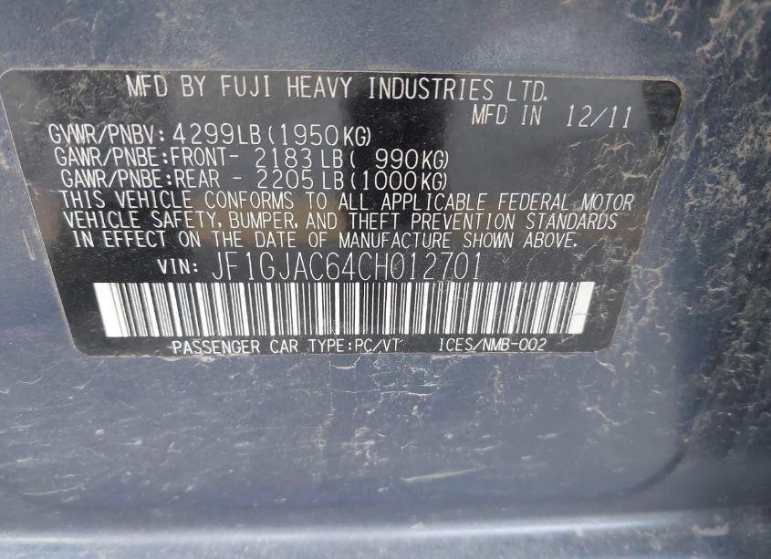 Photo 9 of 2012 Subaru Impreza 2.0I PREMIUM (VIN JF1GJAC64CH012701)