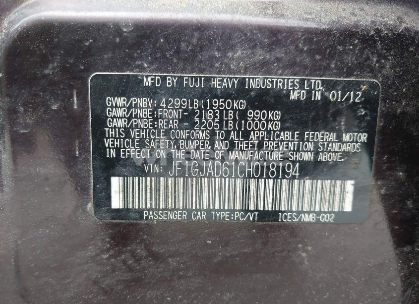 Photo 9 of 2012 Subaru Impreza 2.0I PREMIUM (VIN JF1GJAD61CH018194)