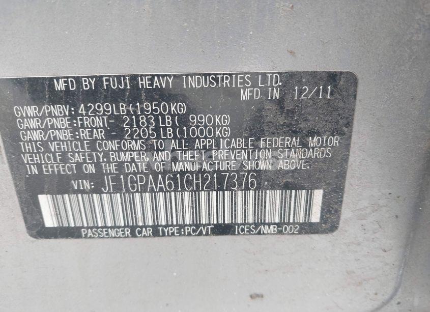 Photo 9 of 2012 Subaru Impreza 2.0I (VIN JF1GPAA61CH217376)