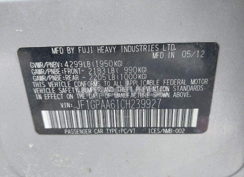 Photo 9 of 2012 Subaru Impreza 2.0I (VIN JF1GPAA61CH239927)