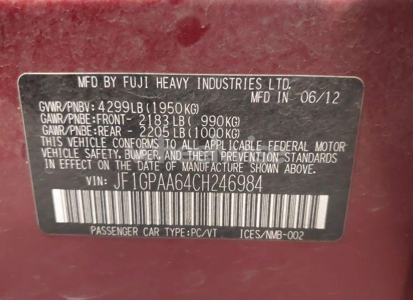 Photo 9 of 2012 Subaru Impreza 2.0I (VIN JF1GPAA64CH246984)