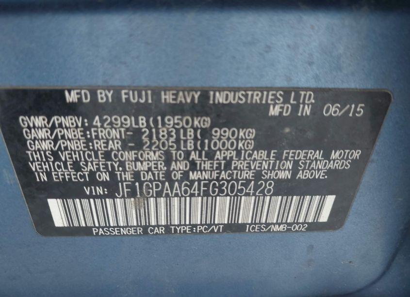 Photo 9 of 2015 Subaru Impreza 2.0I (VIN JF1GPAA64FG305428)