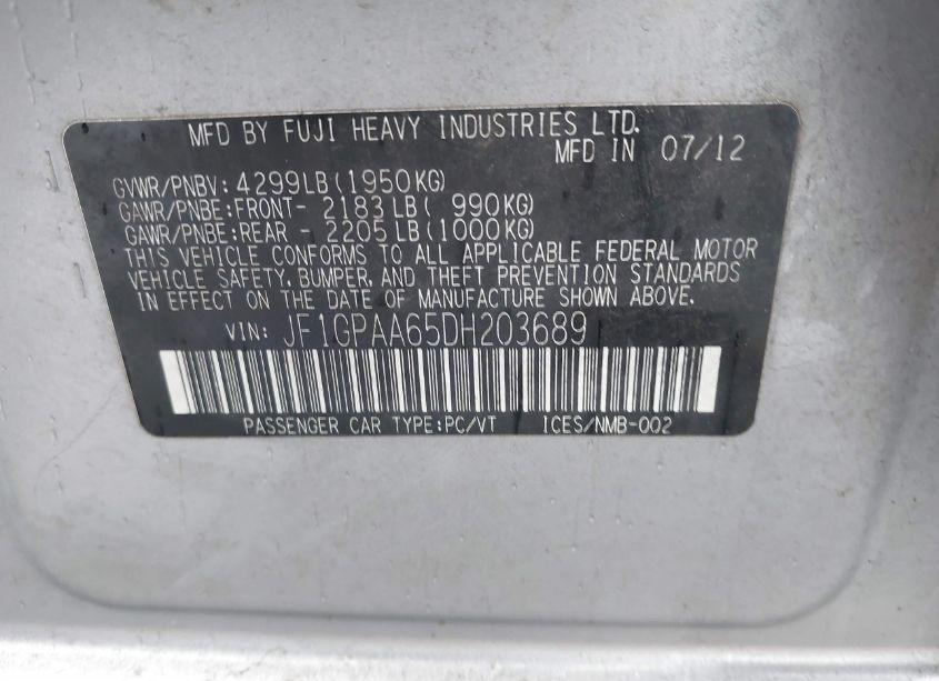 Photo 9 of 2013 Subaru Impreza 2.0I (VIN JF1GPAA65DH203689)