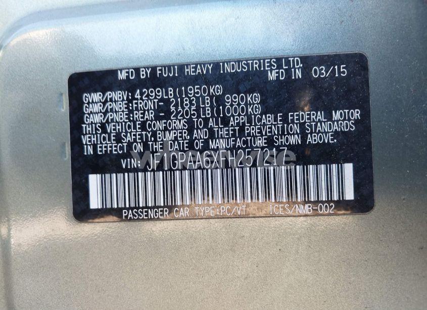 Photo 9 of 2015 Subaru Impreza 2.0I (VIN JF1GPAA6XFH257217)