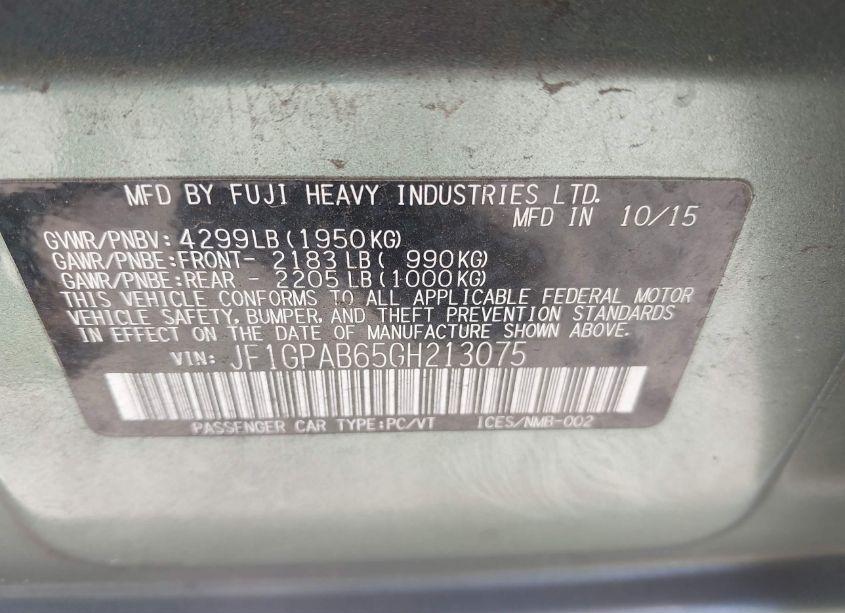 Photo 9 of 2016 Subaru Impreza 2.0I PREMIUM (VIN JF1GPAB65GH213075)