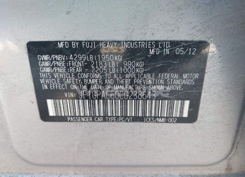 Photo 9 of 2012 Subaru Impreza 2.0I PREMIUM (VIN JF1GPAC60CG238643)