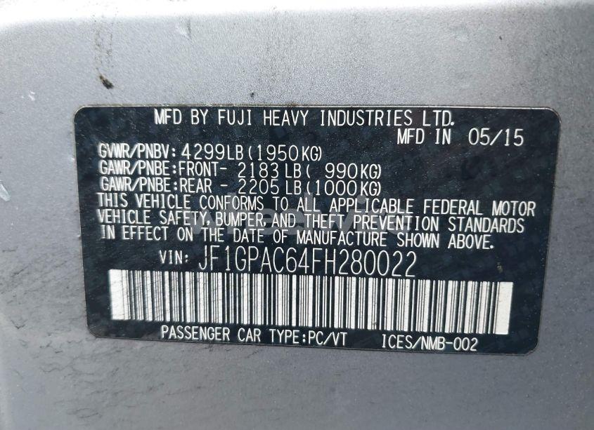 Photo 9 of 2015 Subaru Impreza 2.0I PREMIUM (VIN JF1GPAC64FH280022)