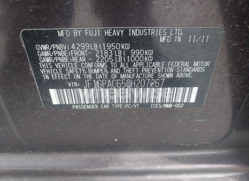 Photo 9 of 2012 Subaru Impreza 2.0I PREMIUM (VIN JF1GPAC65CH207267)