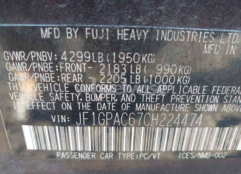 Photo 9 of 2012 Subaru Impreza 2.0I PREMIUM (VIN JF1GPAC67CH224474)