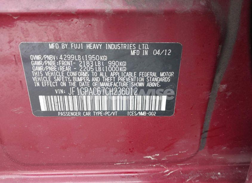 Photo 9 of 2012 Subaru Impreza 2.0I PREMIUM (VIN JF1GPAC67CH236012)