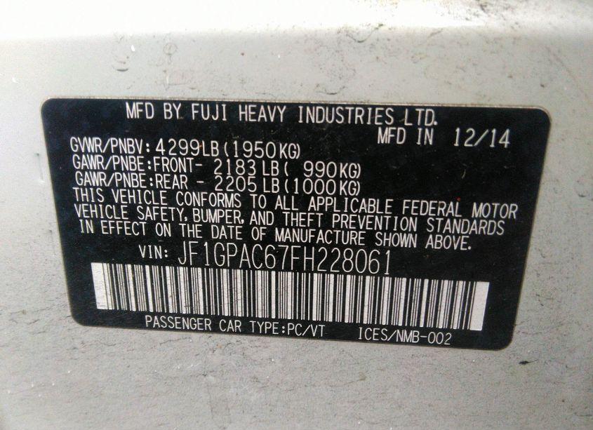 Photo 9 of 2015 Subaru Impreza 2.0I PREMIUM (VIN JF1GPAC67FH228061)