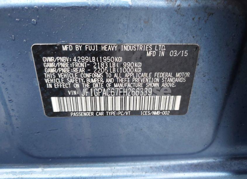 Photo 9 of 2015 Subaru Impreza 2.0I PREMIUM (VIN JF1GPAC67FH266339)