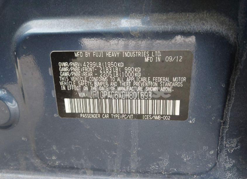 Photo 9 of 2013 Subaru Impreza 2.0I PREMIUM (VIN JF1GPAC6XDH801693)