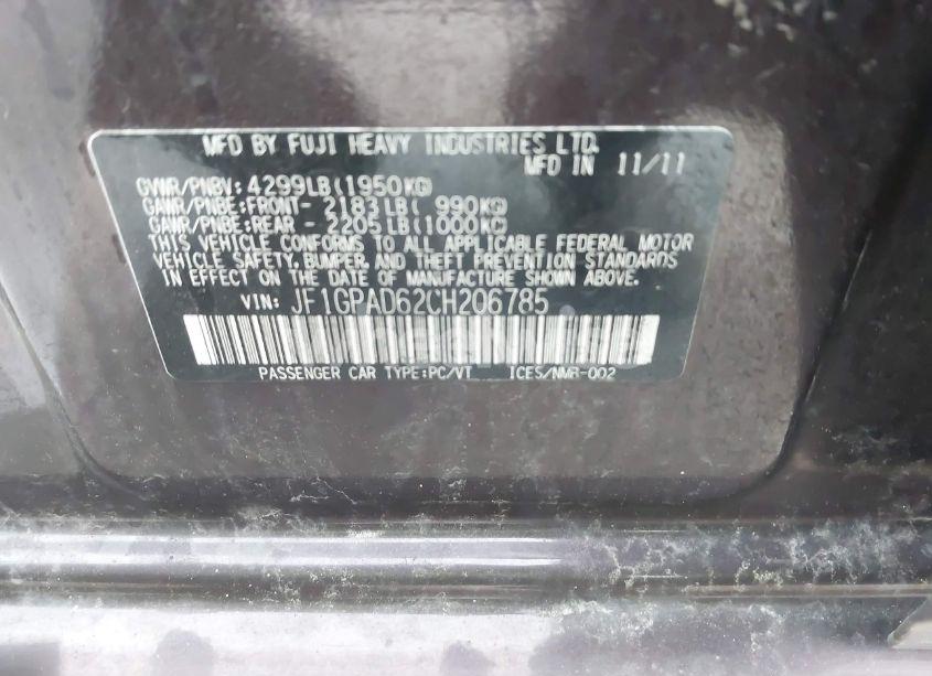 Photo 9 of 2012 Subaru Impreza 2.0I PREMIUM (VIN JF1GPAD62CH206785)