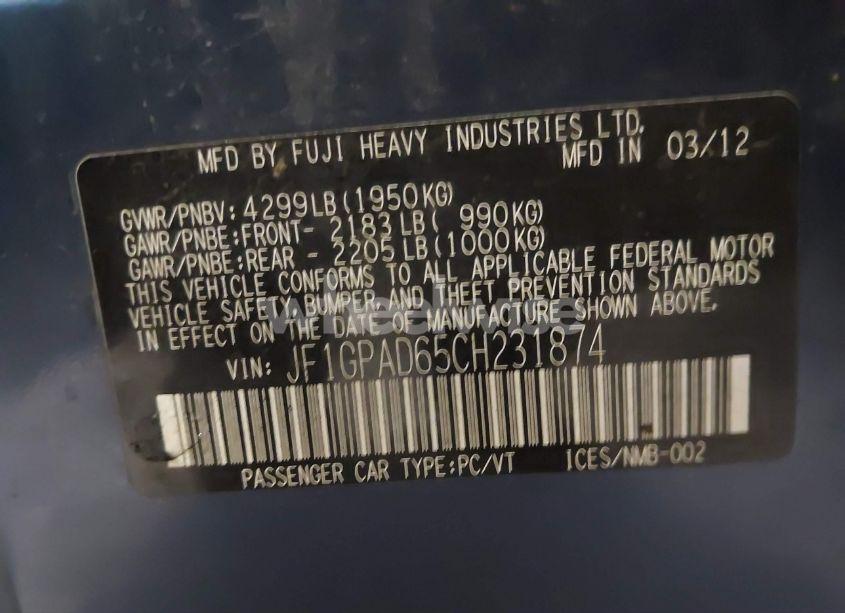 Photo 9 of 2012 Subaru Impreza 2.0I PREMIUM (VIN JF1GPAD65CH231874)