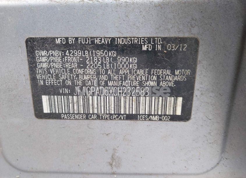 Photo 9 of 2012 Subaru Impreza 2.0I PREMIUM (VIN JF1GPAD6XCH232583)