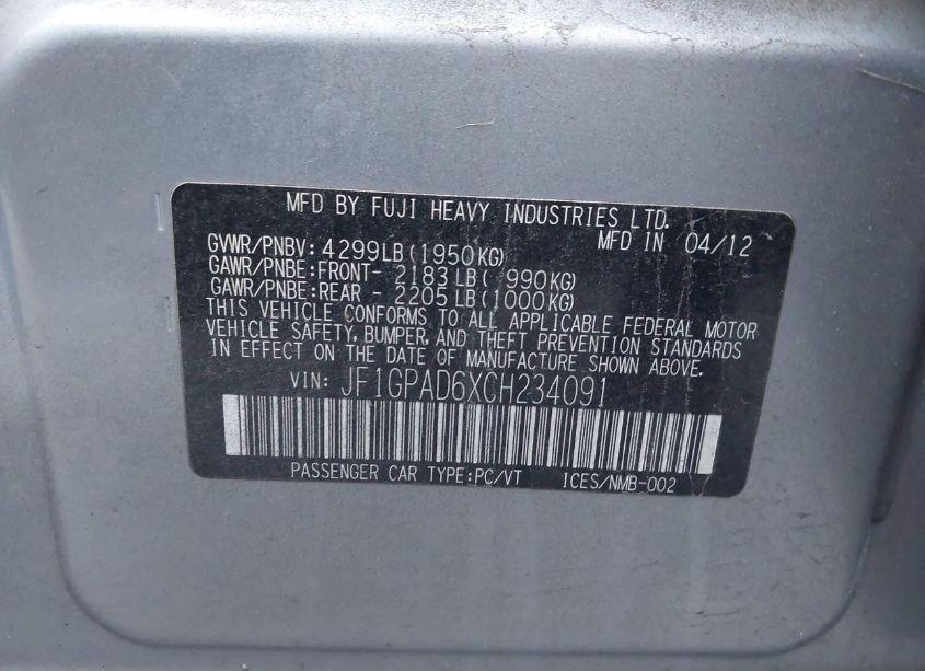 Photo 9 of 2012 Subaru Impreza 2.0I PREMIUM (VIN JF1GPAD6XCH234091)