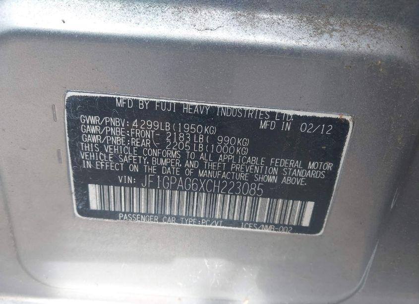 Photo 9 of 2012 Subaru Impreza 2.0I LIMITED (VIN JF1GPAG6XCH223085)