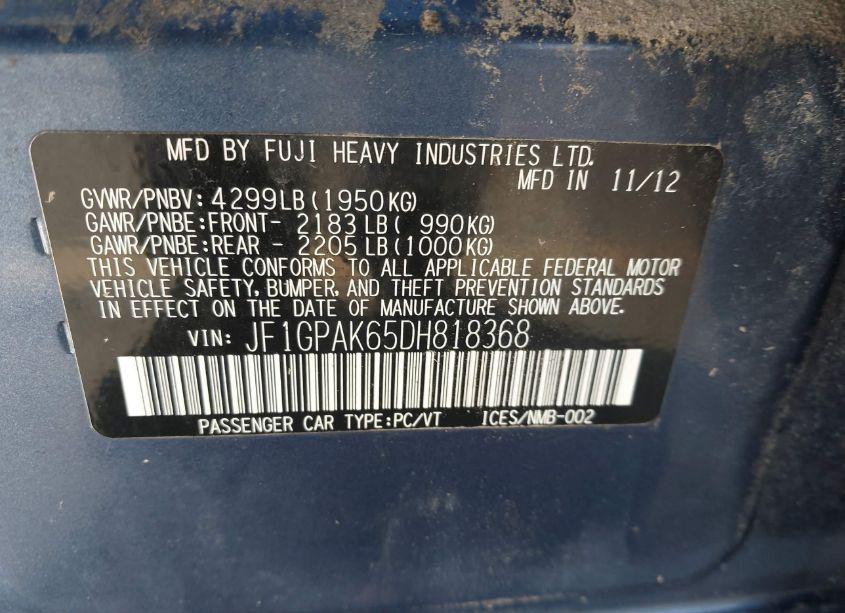 Photo 9 of 2013 Subaru Impreza 2.0I LIMITED (VIN JF1GPAK65DH818368)