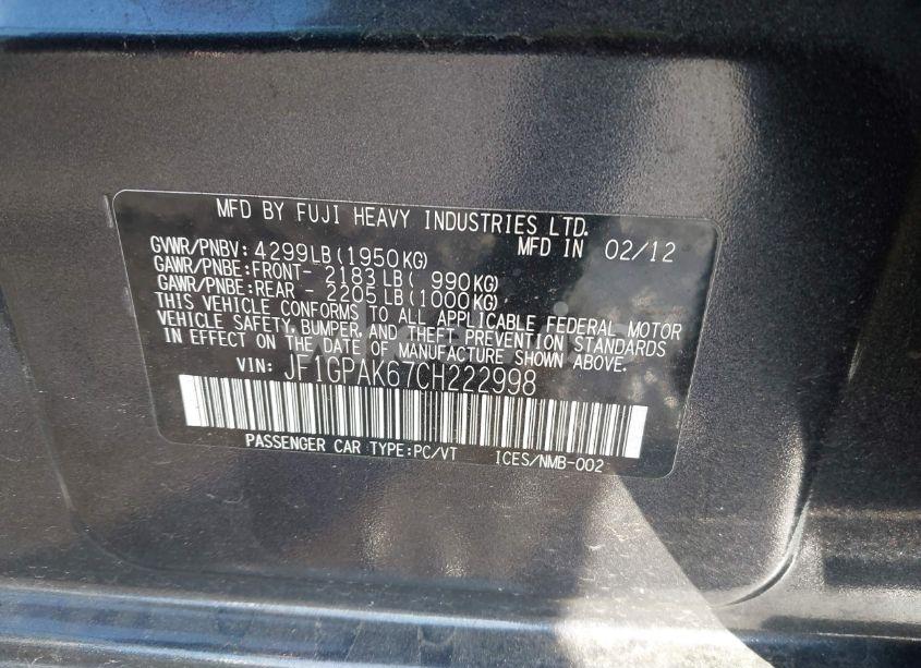 Photo 9 of 2012 Subaru Impreza 2.0I LIMITED (VIN JF1GPAK67CH222998)