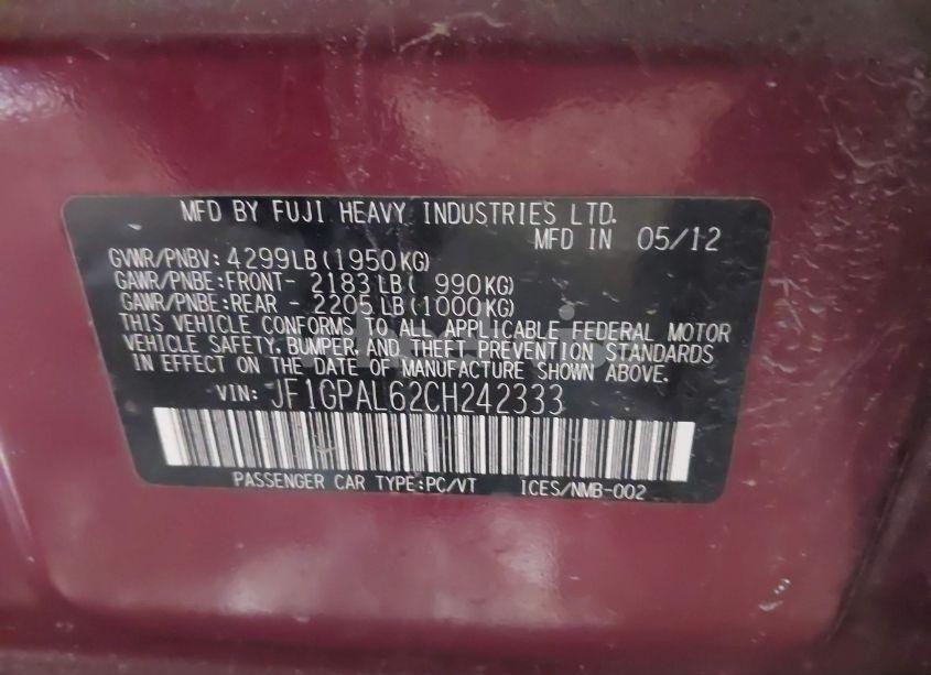 Photo 9 of 2012 Subaru Impreza 2.0I SPORT PREMIUM (VIN JF1GPAL62CH242333)