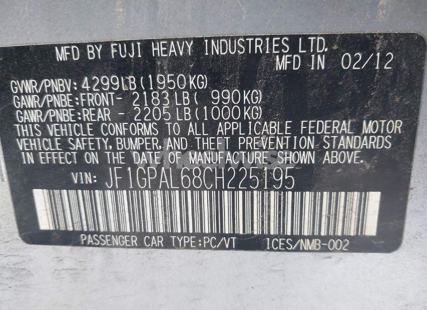 Photo 9 of 2012 Subaru Impreza 2.0I SPORT PREMIUM (VIN JF1GPAL68CH225195)