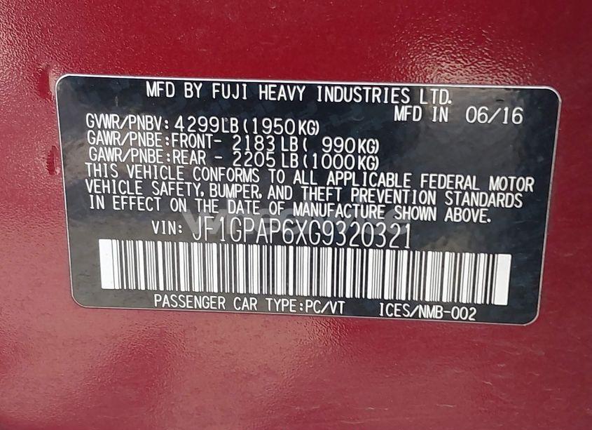 Photo 9 of 2016 Subaru Impreza 2.0I SPORT PREMIUM (VIN JF1GPAP6XG9320321)