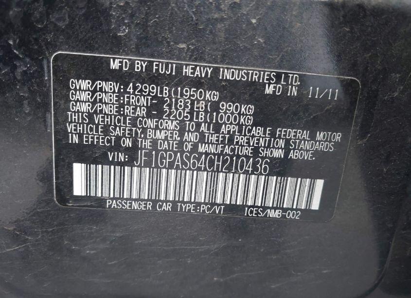 Photo 9 of 2012 Subaru Impreza 2.0I SPORT LIMITED (VIN JF1GPAS64CH210436)