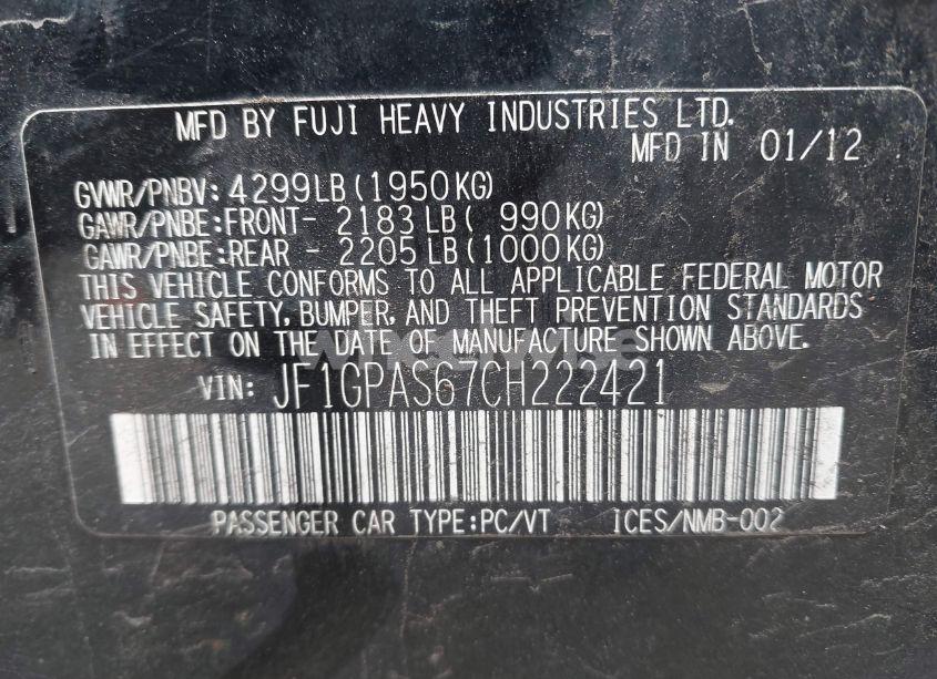 Photo 9 of 2012 Subaru Impreza 2.0I SPORT LIMITED (VIN JF1GPAS67CH222421)