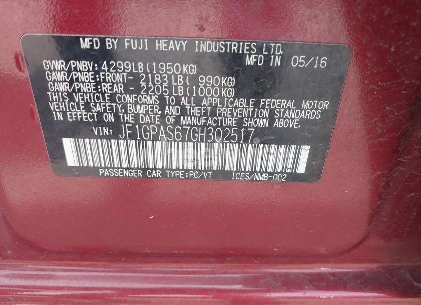 Photo 9 of 2016 Subaru Impreza 2.0I SPORT PREMIUM (VIN JF1GPAS67GH302517)