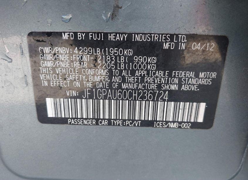 Photo 9 of 2012 Subaru Impreza 2.0I SPORT LIMITED (VIN JF1GPAU60CH236724)